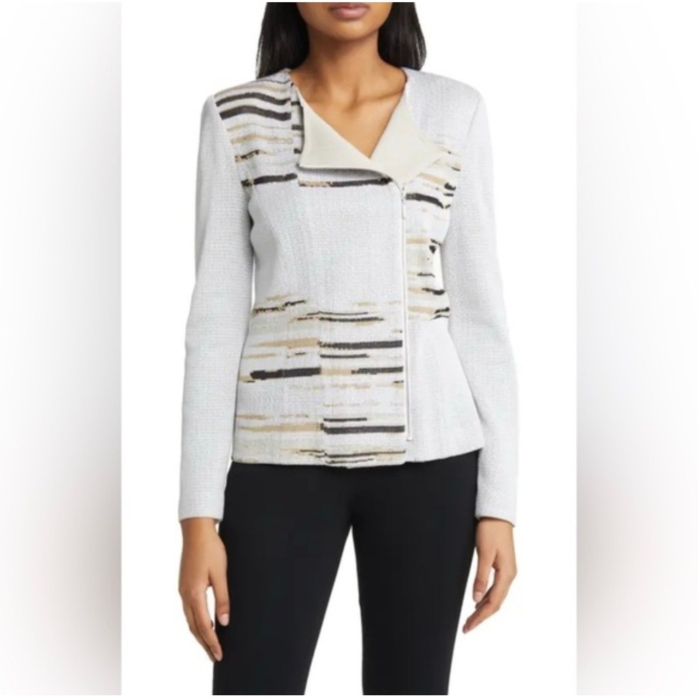 Ming Wang Womens XL Asymmetrical Zip Knit Jacket Abstract Stripe Grey Tan‎ Black